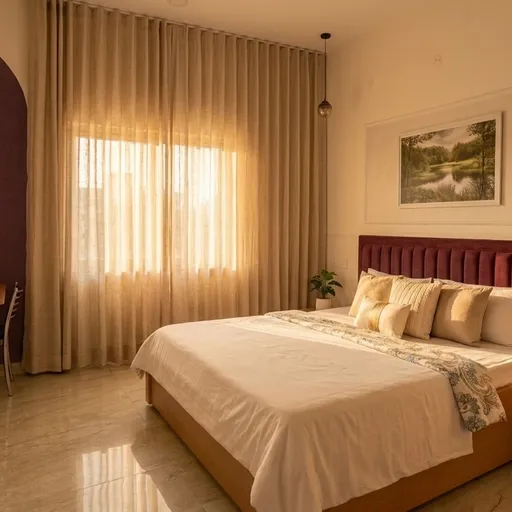 Restful bedroom with a plush headboard and soft evening light