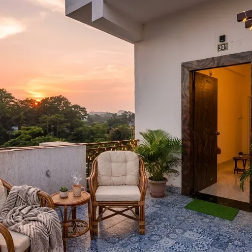 Open terrace seating with a view of the sunset over the trees